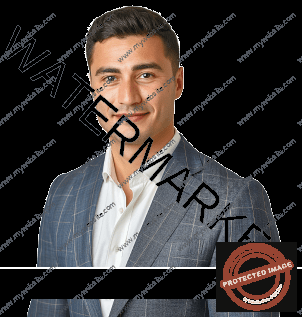 Confident Businessman in Blue Plaid Suit (1) 1